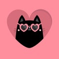 Cat peeks out of a heart hole. Happy Valentines day. Kitten in heart. Heart shape sunglasses, hearts glass. Black kitty kitten.