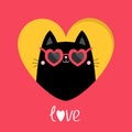 Cat peeks out of a heart hole. Kitten kitty in heart. Love card. Happy Valentines day. Heart shape sunglasses, hearts glass. Cute