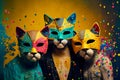 Cat people in party masks. Concept birthday and celebrating created with generative Ai technology Royalty Free Stock Photo