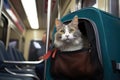 cat in a pet carrier placed on a subway seat