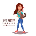 Cat Pet Sitter Service Vector. Professional Pet Sitter Woman. Cat Walking Service. On White Cartoon Character