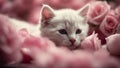 cat on a pink background A tiny kitten with a coat as soft as silk, snoozing soundly amidst a bed of lush pink roses,