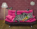 Cat on pink divan eating hot dog Royalty Free Stock Photo