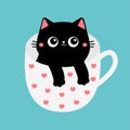 Cat in pink heart tea coffee cup. Happy Valentines Day. Black kitten. Paws hand. Cute cartoon funny baby animal pet character. Royalty Free Stock Photo
