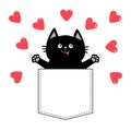 Cat in pink pocket. Red heart Love card. Happy Valentines Day. Hands up. Give me a hug. Cute cartoon pet animal. Kitten kitty char