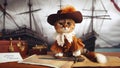 Cat in a Pirate Hat and Coat with a Map and a Chest on a Desk, AI Generated Illustration, Realistic