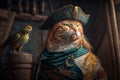 Cat in pirate outfit, portrait of serious pet in vintage military clothes, generative AI Royalty Free Stock Photo