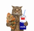 Cat with pistachio croissant and milk