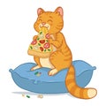 Cat with a pizza slice in the mouth. Kitty sit on the pillow and eating pizza. Amusing domestic pet illustration. Isolated on