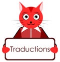 Cat with placard, translations, French word, isolated.