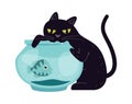 Cat play with fish in aquarium flat icon