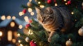 Festive Feline: A Tabby Cat\'s Holiday Adventure in a Sparkling Christmas Tree Royalty Free Stock Photo
