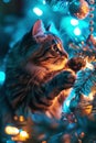 A cat playing with a christmas tree ornament in front of the lights, AI Royalty Free Stock Photo
