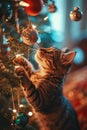 A cat playing with a christmas tree ornament hanging from the ceiling, AI Royalty Free Stock Photo