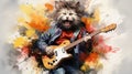 A cat playing an electric guitar with colorful paint splatters, AI Royalty Free Stock Photo