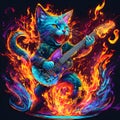 Cat playing electric guitar in fire flames Royalty Free Stock Photo