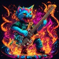 Cat playing electric guitar in fire flames Royalty Free Stock Photo