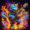 Cat playing electric guitar in fire flames Royalty Free Stock Photo