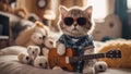cat playing guitar An adorable Scottish Straight kitten with tiny sunglasses, holding a toy electric guitar, Royalty Free Stock Photo