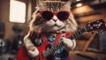 cat playing guitar A comical Scottish Straight cat wearing oversized sunglasses and a rockstar wig, playing an electric guitar Royalty Free Stock Photo