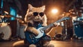 cat playing guitar A comical Scottish Straight cat wearing oversized sunglasses and a Rockstar wig, playing an electric guitar Royalty Free Stock Photo