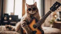 cat playing guitar stylish Scottish Straight cat with cool sunglasses, strumming a mini electric guitar, Royalty Free Stock Photo