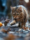 A cat is playing with a mouse in the ground Royalty Free Stock Photo