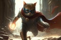 Cat playing the role of a superhero, wearing a cape and mask and using its claws to fight off alien invaders illustration