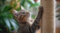 A cat playing with a rope on the top of its scratching post, AI Royalty Free Stock Photo