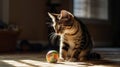 Cat playing with a toy on the floor in a room at home. Generative AI