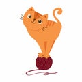 Cat playing with yarn ball. Cute playful kitten character. Cozy postcard. Royalty Free Stock Photo