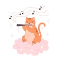 The cat plays the flute and sits on a cloud. Baby animal illustration for nursery