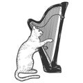 Cat plays the harp. Sketch scratch board imitation. Black and white.