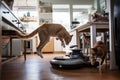 Cat plays in kitchen with robot vacuum cleaner. Generative AI