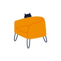 Cat playuing near comfy chair. Cat and cozy armchair, happy playful pet, domestic animal flat drawing. Vector modern art Royalty Free Stock Photo