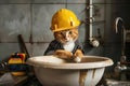 Cat Plumber, Handsome Positive Sanitary Technician Cat, Cat Repair Plumbing, Sink Installation