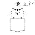 Cat in the pocket, flying butterfly. Doodle linear sketch. Cute cartoon animals. Kitten kitty character. Dash line. Pet animal. Wh