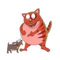 Cat points to the dog and laughs. Funny picture. Friendship. Vector illustration