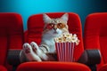 cat with pop corn at cinema, AI generated Royalty Free Stock Photo