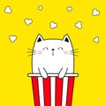 Cat in popcorn box. Kitten and movie. Pop corn popping. Cute cartoon kawaii funny contour character. Kids print. Cinema theater. Royalty Free Stock Photo