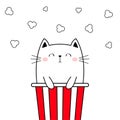 Cat in popcorn box. Kitten and movie. Pop corn popping. Cute cartoon kawaii funny contour character. Kids print. Cinema theater. Royalty Free Stock Photo