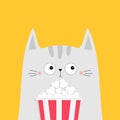 Cat and popcorn box. Kitten watching movie. Cute cartoon funny character. Kids print for tshirt notebook cover. Cinema theater. Royalty Free Stock Photo