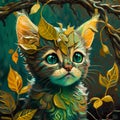 Cat Portrait in the Mysterious Jungle Masterpiece Oil Painting of a Cute Kitten magical forest kitty painting innocent kittycat