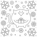 Cat with a present. Coloring page. Vector illustration.