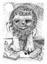 Cat pretty girl summer holiday trip on the beach pencil stroke d