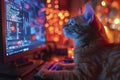 Cat programmer sits at the computer. Generative AI Royalty Free Stock Photo