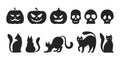 Cat and pumpkin black silhouette set. Collection of halloween