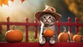 cat and pumpkin A charming kitten with a curious expression, atop a red fence, wearing a hat