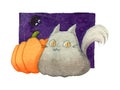 Cat, pumpkin and fat spider on purple background. Watercolor hand painting illustration. Design for halloween event. Clipping path