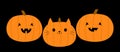 Cat pumpkin set. Happy Halloween. Funny creepy smiling face. Cute cartoon kawaii baby character. Kitten kitty eyes, ears. Greeting Royalty Free Stock Photo